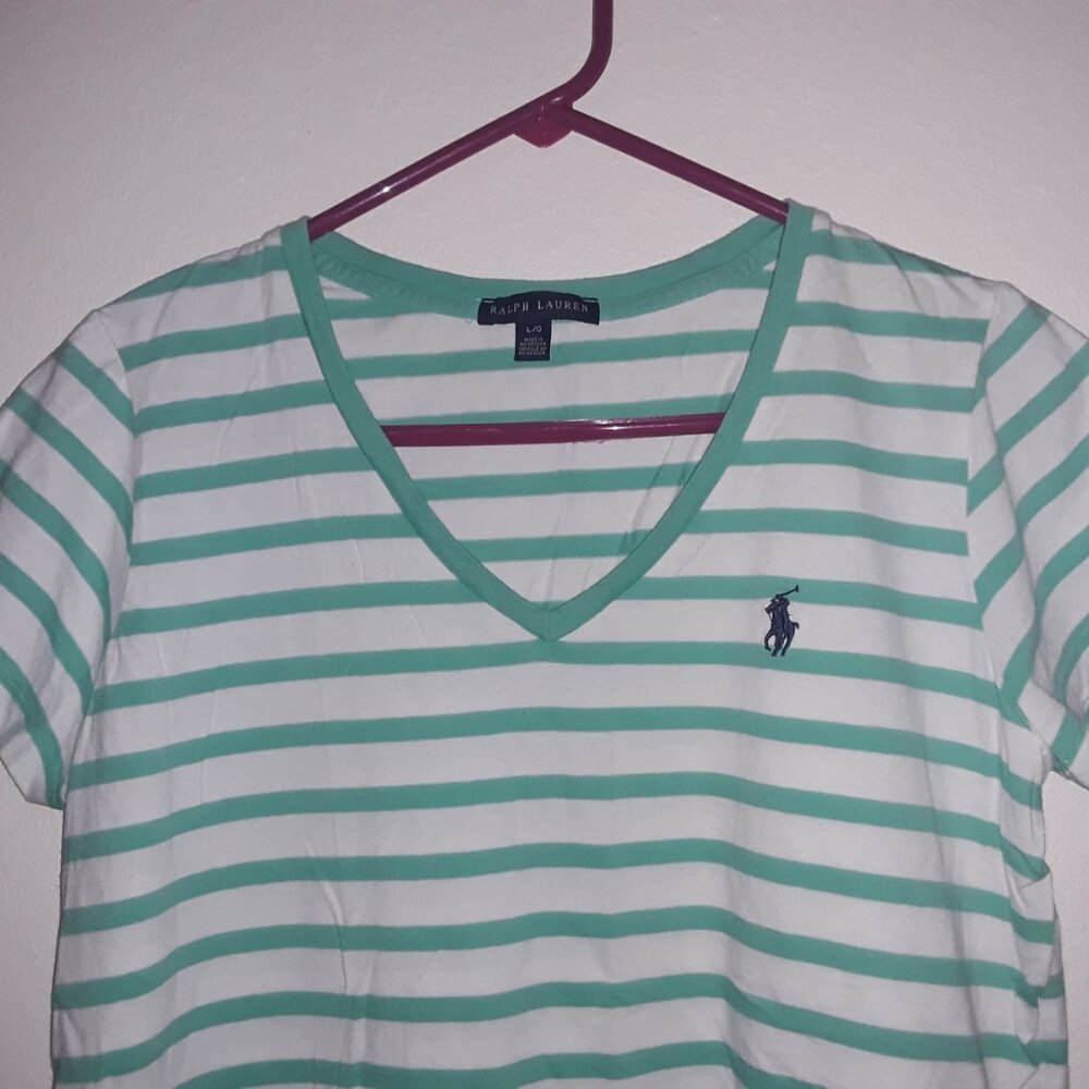 Ralph Lauren Sport ladies large white w/turqouse stripes,orange logo v neck - Picture 2 of 6